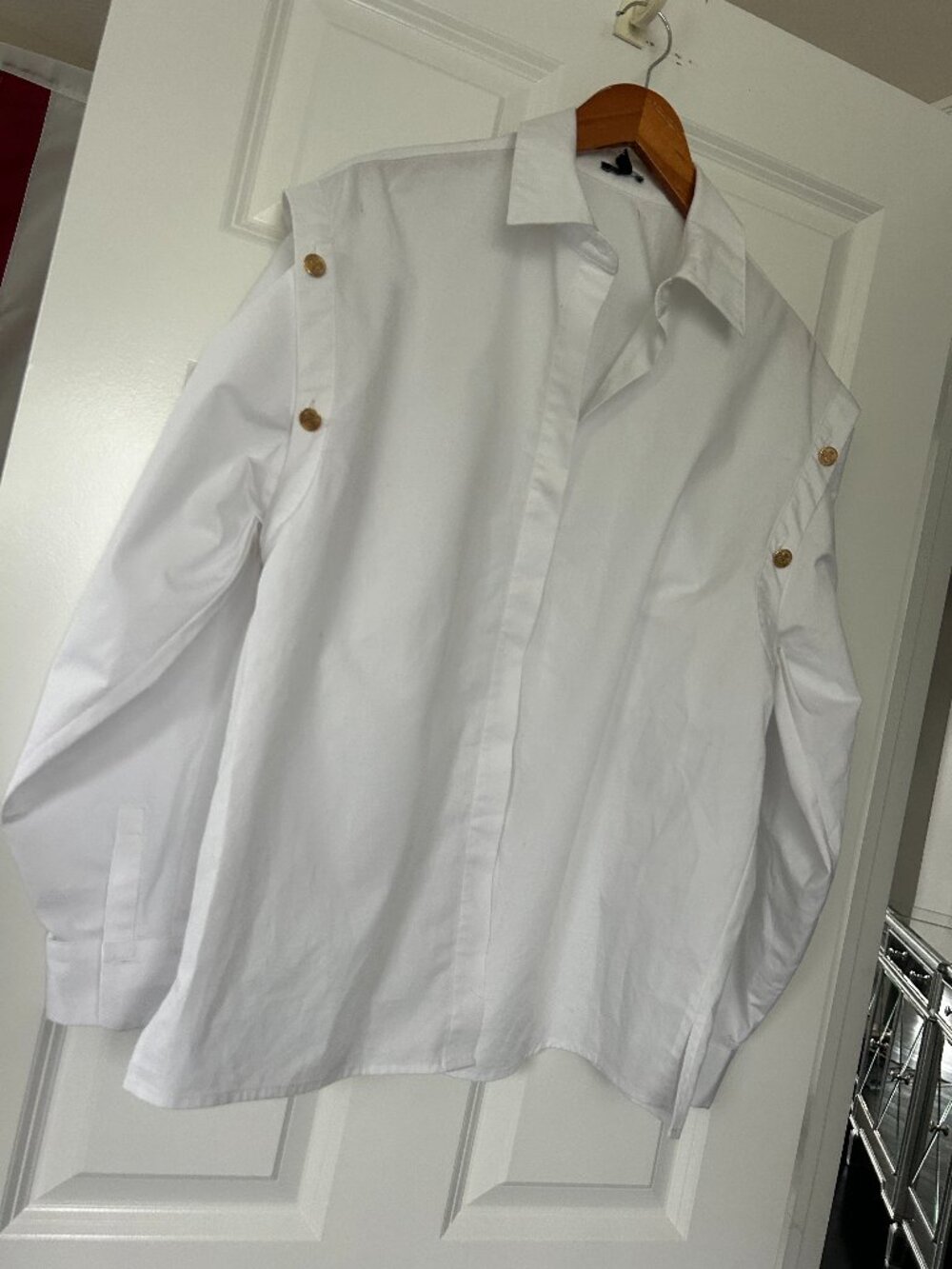 new EXPRESS gold medallion button detail white poplin boyfriend oversized shirt